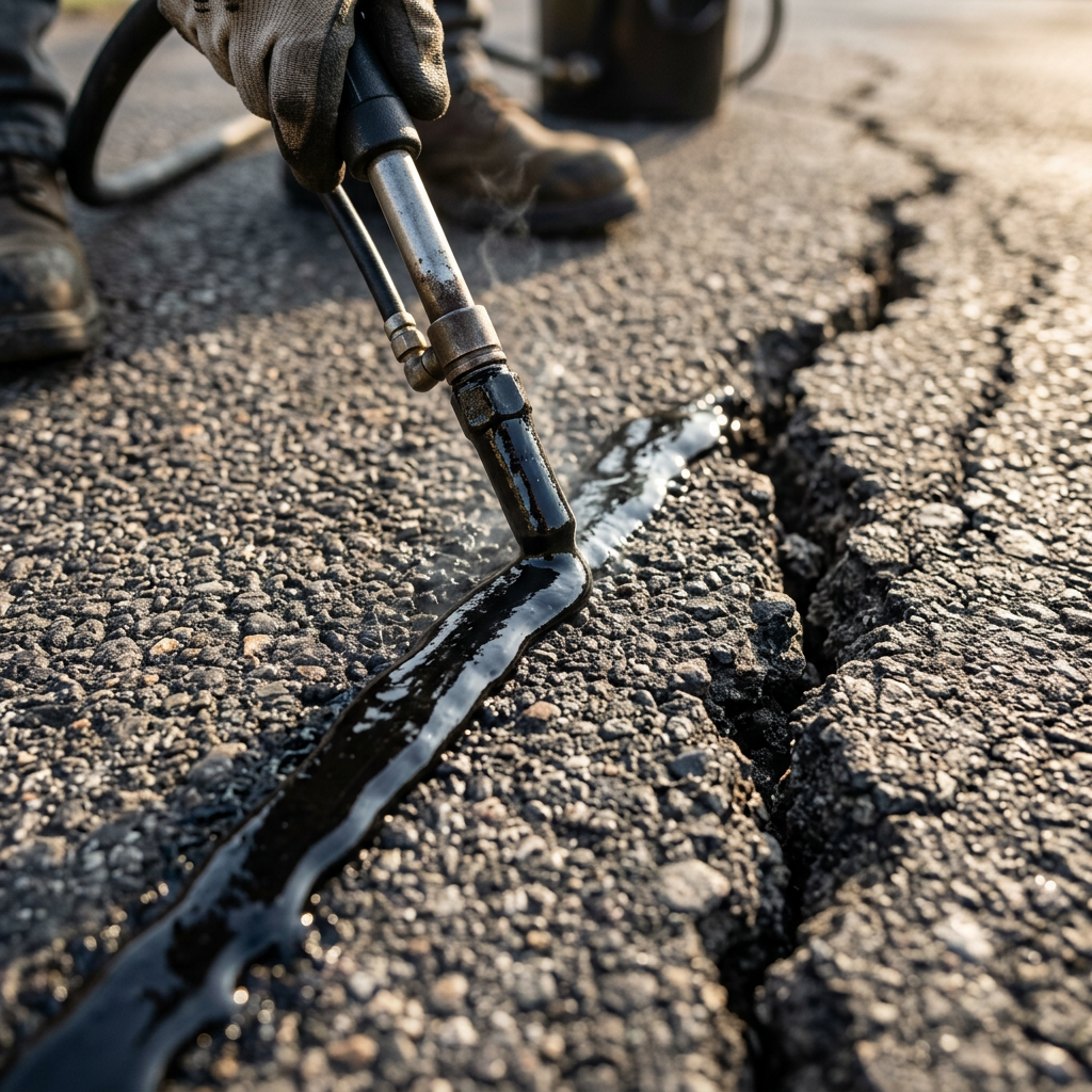 Hot rubberized crack filler being applied into an asphalt driveway crack