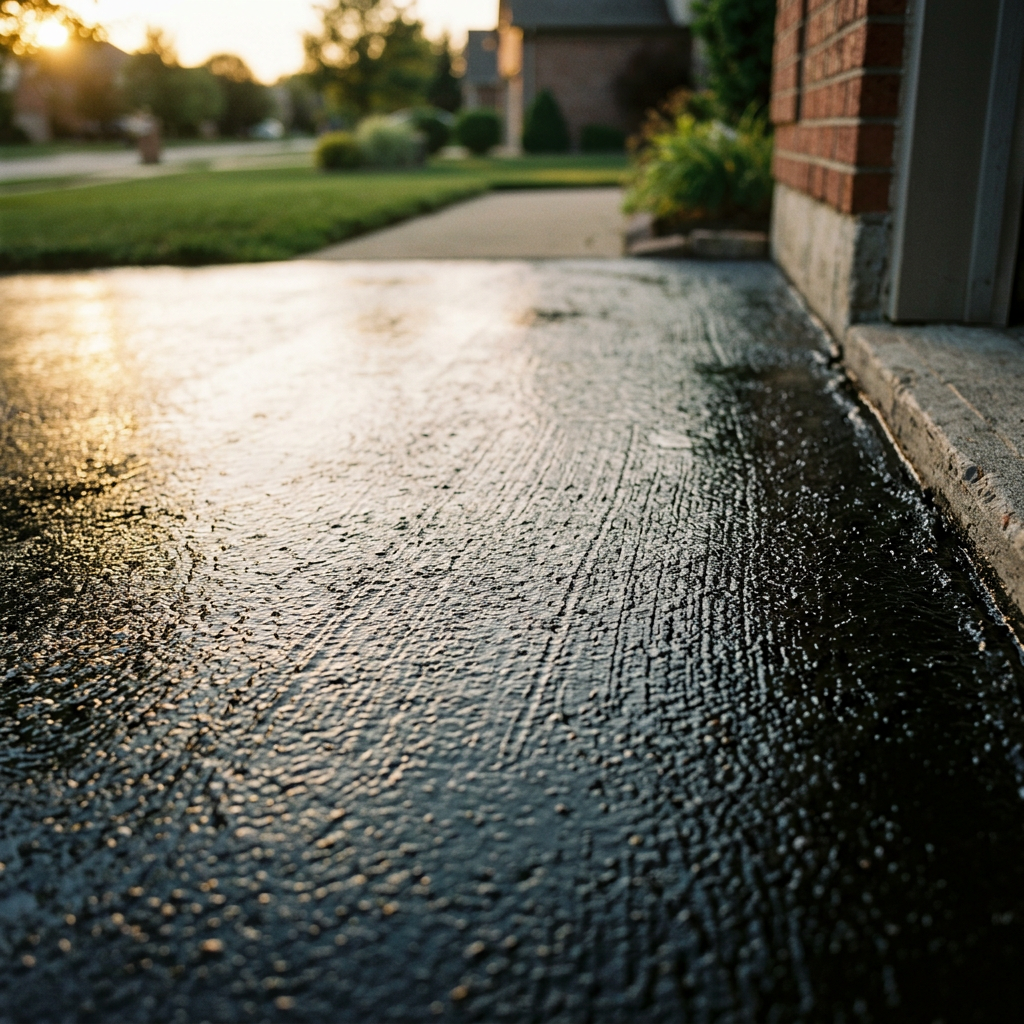 Freshly sealcoated residential driveway with glossy pitch-black finish